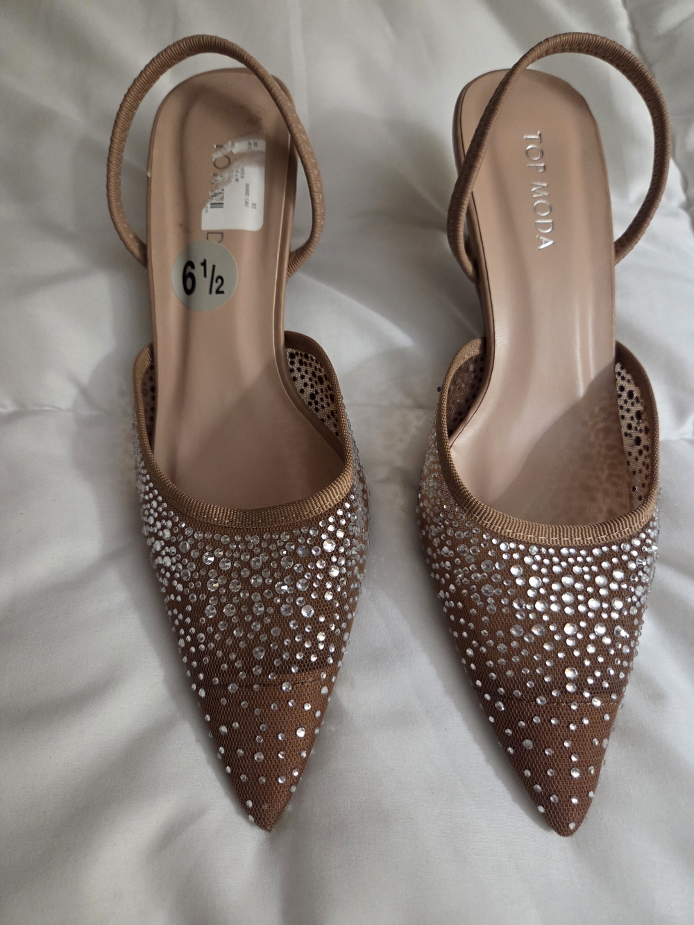 TOP Moda Tan Rhinestone Pointed Slingback Mules